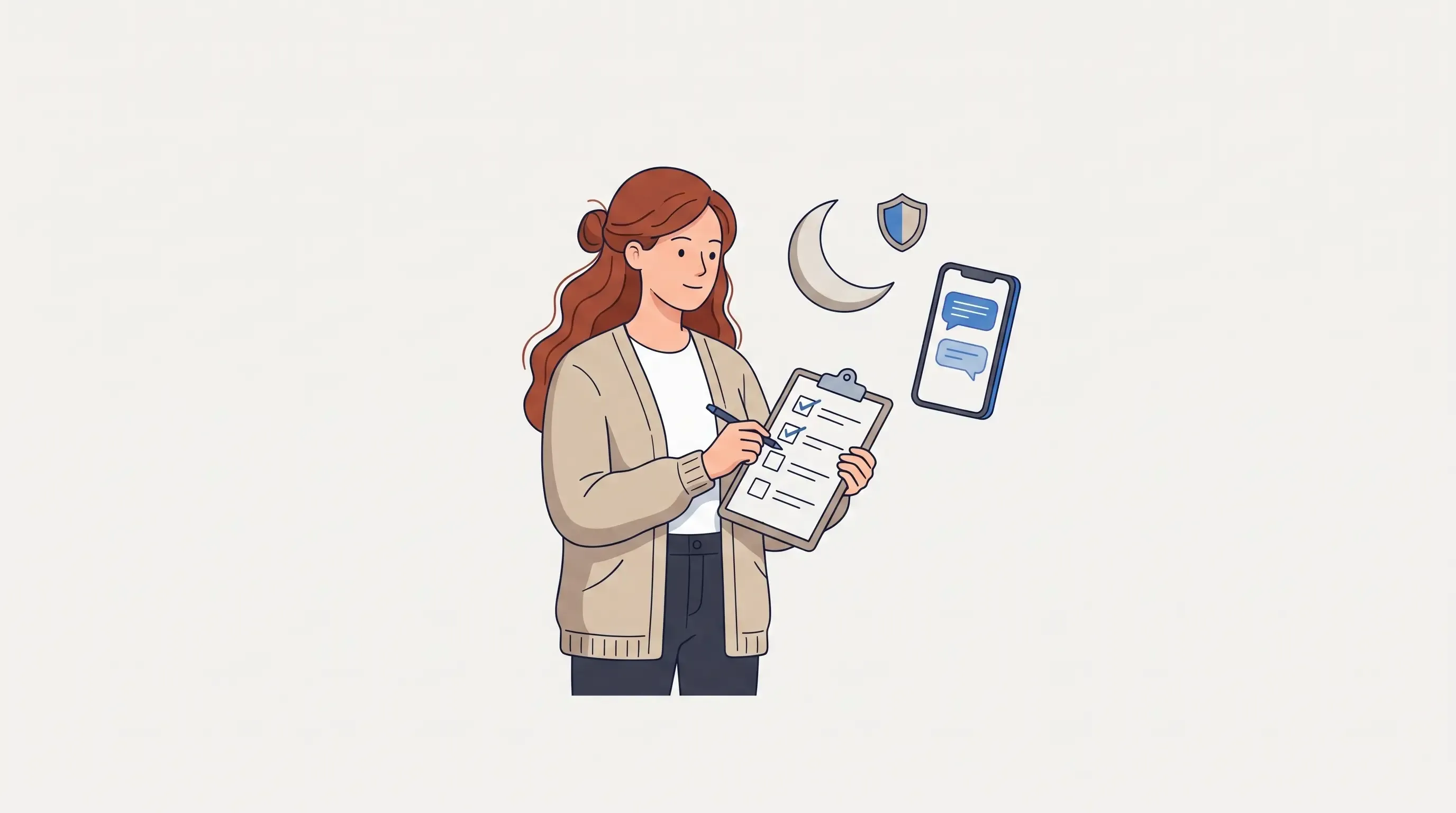 Illustration: a shop owner ticks off a checklist on a clipboard, next to a crescent moon, a shield and a phone showing chat bubbles.