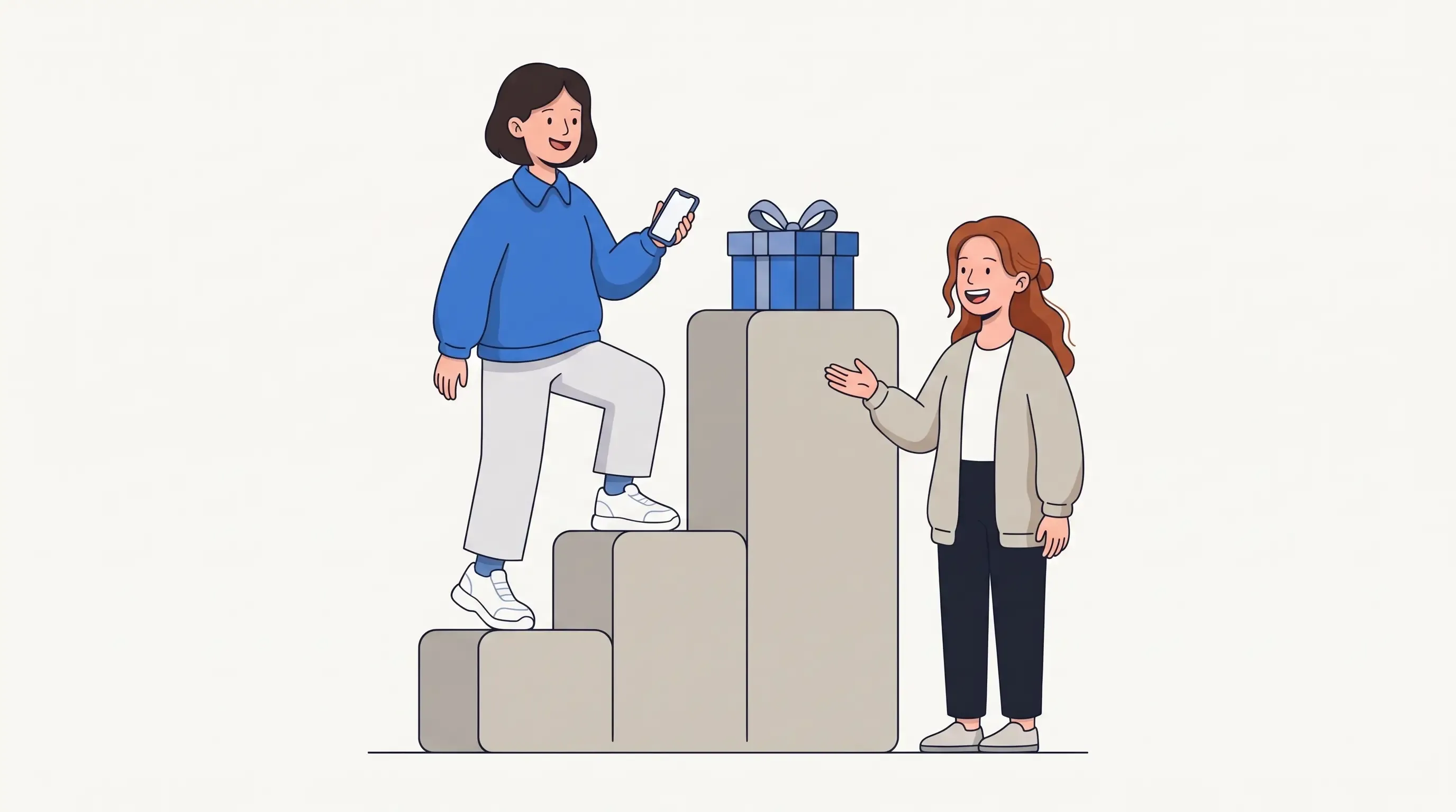 Illustration: a shopper holding her phone climbs a short staircase toward a gift box while the shop owner waves her up.