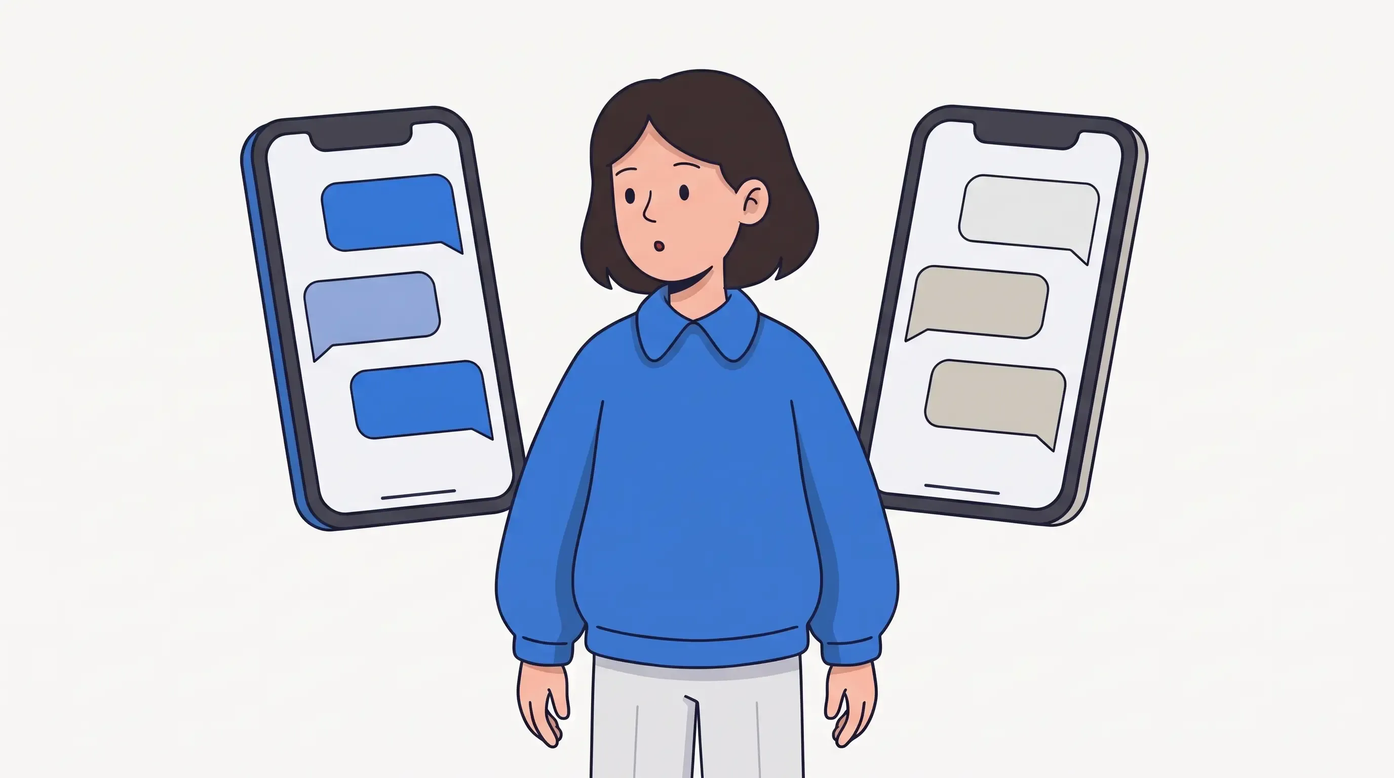 Illustration: a shopper stands between two phones, one filled with blue chat bubbles and the other with grey ones.