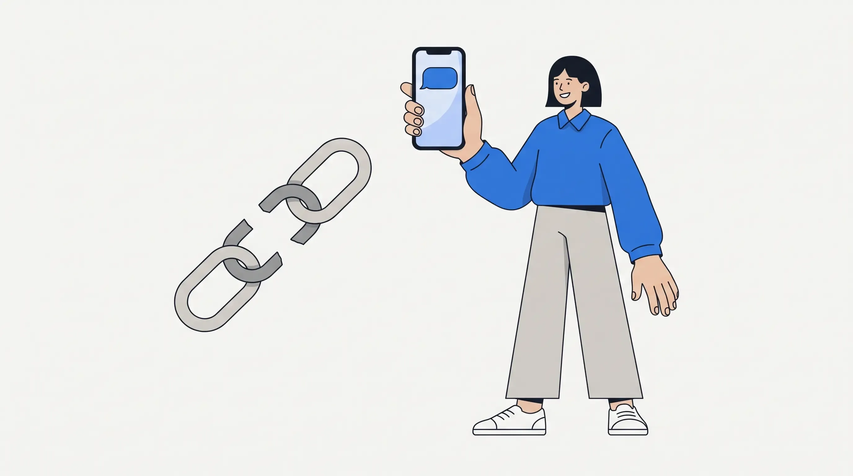 Illustration: a smiling shopper holds up a phone showing a single blue chat bubble as a grey chain link snaps apart beside her.